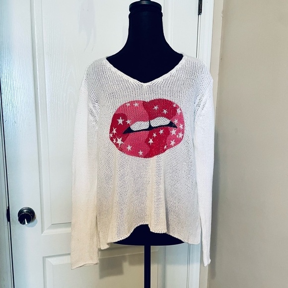 Wooden Ships Sweaters - Wooden Ships Open Knit Lips Sweater White Red Size Small/Medium Artsy Punk Retro